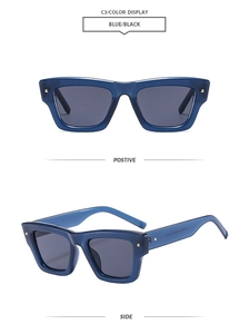 Detailed front and side views of blue translucent rectangle sunglasses with silver rivets