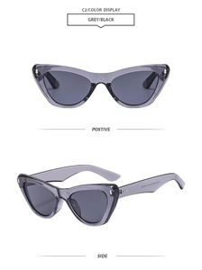 Detail view of cat-eye sunglasses with grey translucent frames and metal rivets
