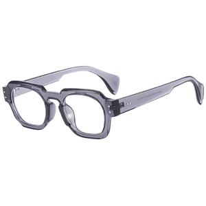 Retro oversized grey translucent frames with black accents and stud details