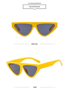 Front and side views of trendy yellow cat-eye sunglasses with dark grey lenses
