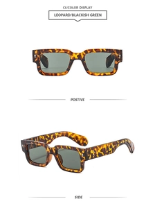 Detailed view of square leopard print sunglasses with silver studs and dark green lenses