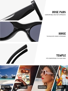 Detail view of smooth nose pads, durable hinges and temples of these cat eye sunglasses