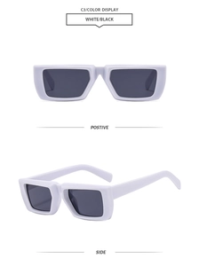 Vues détaillées de lunettes de soleil blanches à monture carrée épaisse et verres foncés