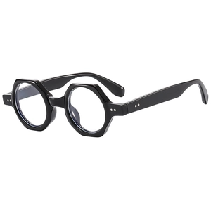 Retro black hexagonal thick frame sunglasses with silver rivet accents and glossy finish