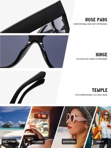 Detail view of reinforced hinges, nose pads, and temple design on cat-eye sunglasses