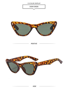 Retro cat-eye sunglasses with demi tortoise frames and green lenses from front and side views