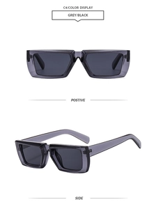 Détails des lunettes de soleil carrées rétro à monture épaisse grise et verres noirs
