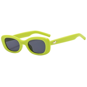 Retro fluorescent green oval sunglasses with dark grey lenses and silver star detail