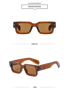 Detail view of brown translucent square sunglasses with silver dot accents and brown lenses