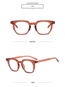 Front and side view of tea-colored polygonal blue light blocking glasses with metal rivets