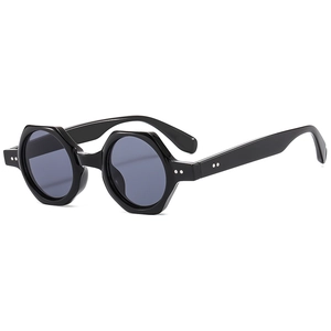 Chic polygonal thick frame black sunglasses with grey lenses and silver rivet details