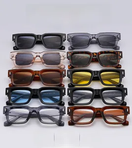 Detailed grid showing square retro sunglasses in black, tortoiseshell, and transparent frames