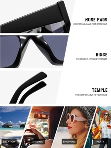 Vue détaillée de lunettes de soleil carrées noires avec plaquettes et charnières métal