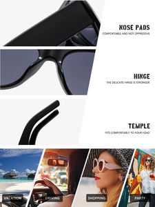 Détails de lunettes de soleil vintage carrées montrant les plaquettes et charnières robustes