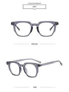 Front and side view of grey translucent square frame anti-blue light glasses