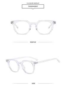 Front and side views of transparent polygonal anti-blue light glasses with rivet details