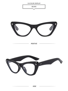 Front and side views of black cat-eye eyeglass frames with stylish silver studs