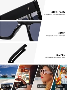 Detail view of square black sunglasses with reinforced hinges and lifestyle usage
