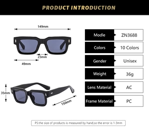 Detailed size chart for retro square sunglasses showing dimensions and AC lens PC frame specs