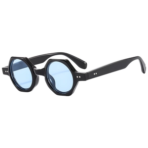 Retro geometric hexagonal sunglasses with black frame and light blue lenses from a side view