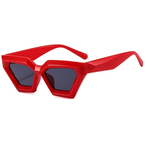 Fashionable red thick frame cat eye sunglasses with hexagonal geometric design for outdoor wear