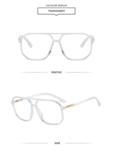 Vues détaillées de face et de côté de lunettes polygonales transparentes avec charnière dorée