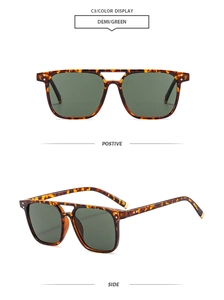 Detailansicht der Retro-Square-Aviator-Sonnenbrille mit Schildpatt-Rahmen und grünen Gläsern