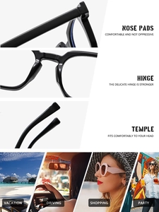 Detailed views of classic anti-blue light glasses showing hinges, nose pads, and use cases
