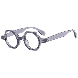 Retro translucent grey octagonal sunglasses with silver rivets at a 45-degree angle