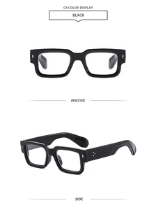 Front and side view of thick black square sunglasses with silver arrow rivets