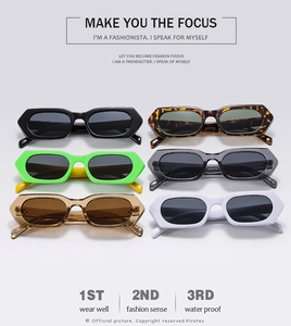Flat lay of rectangular fashion sunglasses in six trendy colors with thick temple detail