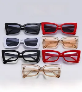 Detailed display of square thick frame sunglasses in multiple vibrant colors and lenses
