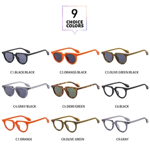 Overview of nine retro oval sunglasses and clear lenses in various fashion colors