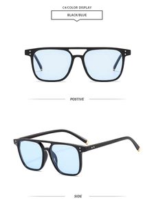 Detailsicht der eckigen Pilotenbrille mit Doppelsteg und hellblauen Gläsern