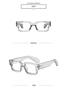 Detailed views of grey square frame sunglasses with thick transparent retro aesthetic