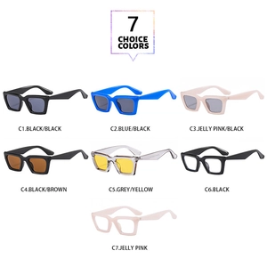 Grille détaillée présentant sept options de couleurs pour lunettes de soleil carrées vintage