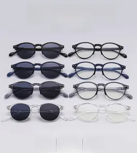 Macro shot of oval vintage eyewear collection with studded details and model markings