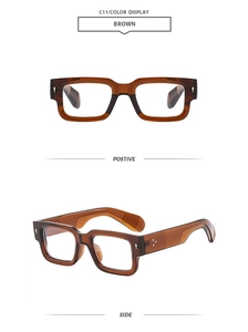 Detailed view of thick brown acetate square sunglasses frame with metal arrow rivets