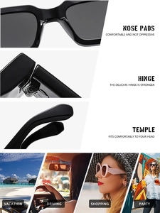 Detail view of square frame sunglasses featuring reinforced metal hinges and nose pads