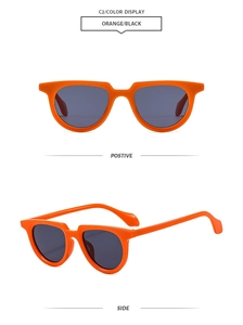 Detailed view of orange oval sunglasses with dark lenses from front and side angles