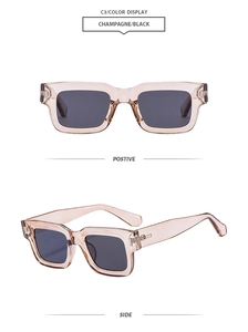 Detail view of champagne square frame sunglasses with dark lenses and vintage side rivets