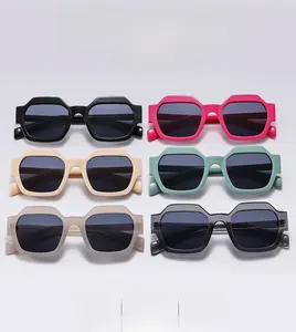 Collection of polygon sunglasses in black, pink, beige, green, and gray colors
