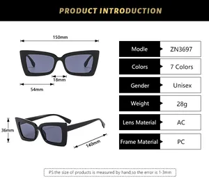 Detailed size chart for square sunglasses with PC frame and AC lens dimensions
