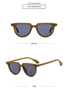 Detail view of olive green retro oval sunglasses with dark lenses from front and side angles