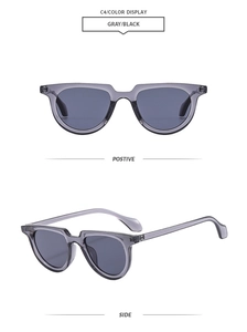 Detailed front and side view of oval gray transparent sunglasses with black lenses
