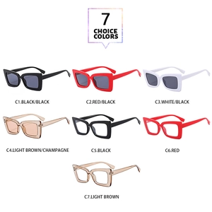 Detailed grid showing seven color variations of square frame fashion sunglasses and glasses