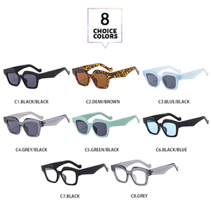 Detailed grid view showing 8 colorful retro square sunglasses with thick frames and SKU codes