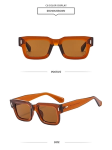 Detailed front and side view of brown retro square sunglasses with thick frames