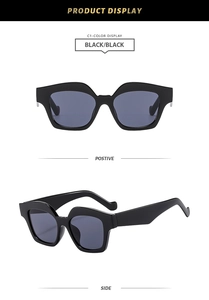 Front and side views of chunky black square frame sunglasses with thick temples