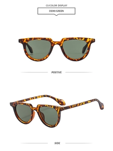 Detail view of oval demi-patterned frame sunglasses with green lenses from two angles